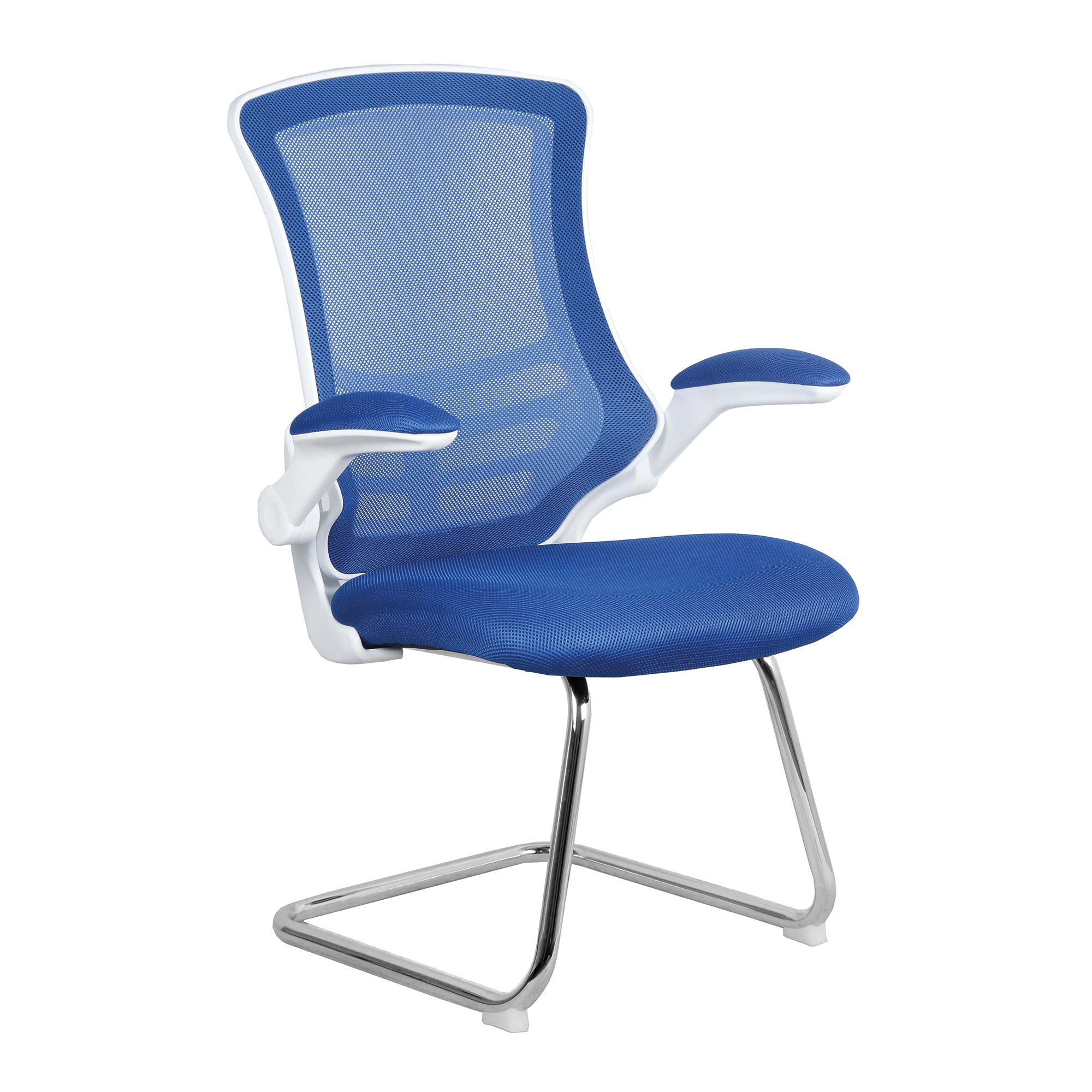 Luna - Designer Medium Back Mesh Cantilever Chair with White Shell, Chrome Frame and Folding Arms