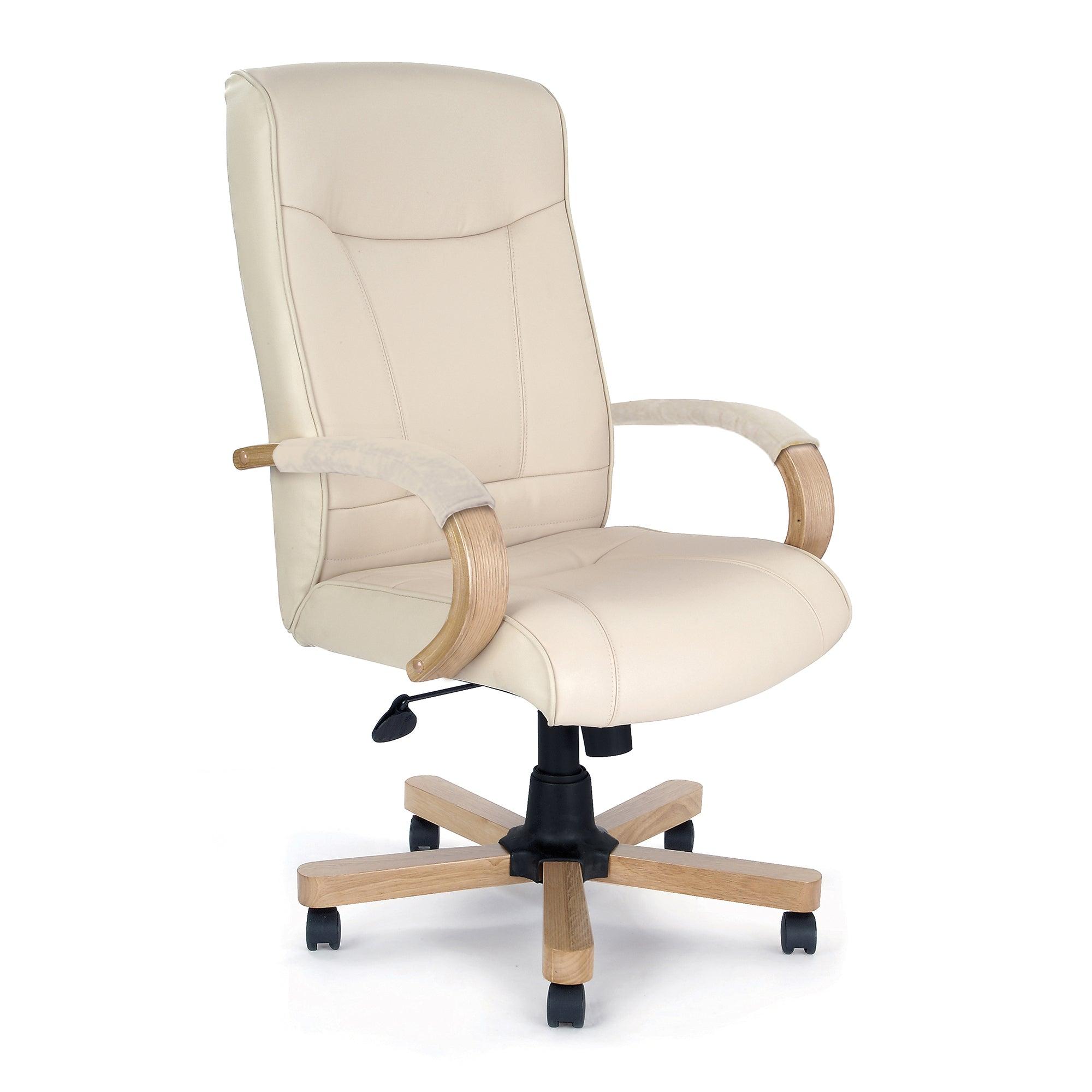 Troon – High Back Leather Faced Executive Chair with Oak Effect Arms & Base