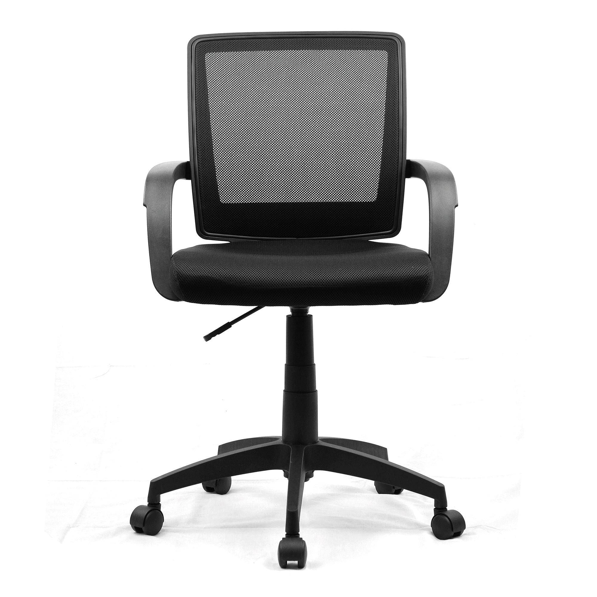 Beta – Medium Back Mesh Chair with Contoured Back and Upholstered Black Fabric Seat with Waterfall Front