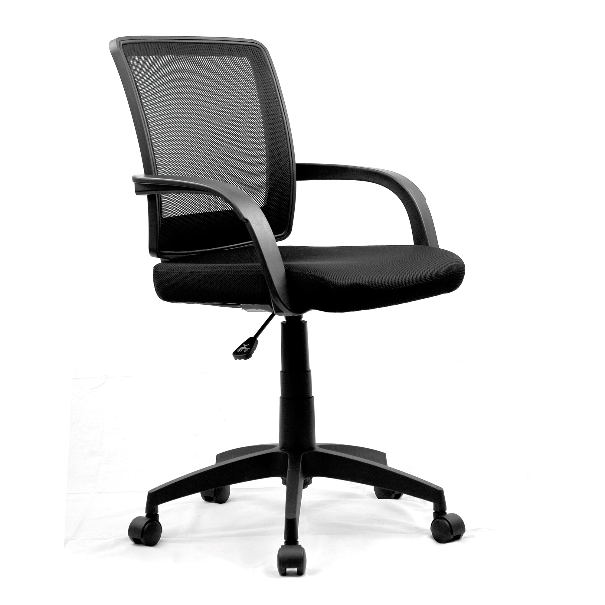 Beta – Medium Back Mesh Chair with Contoured Back and Upholstered Black Fabric Seat with Waterfall Front