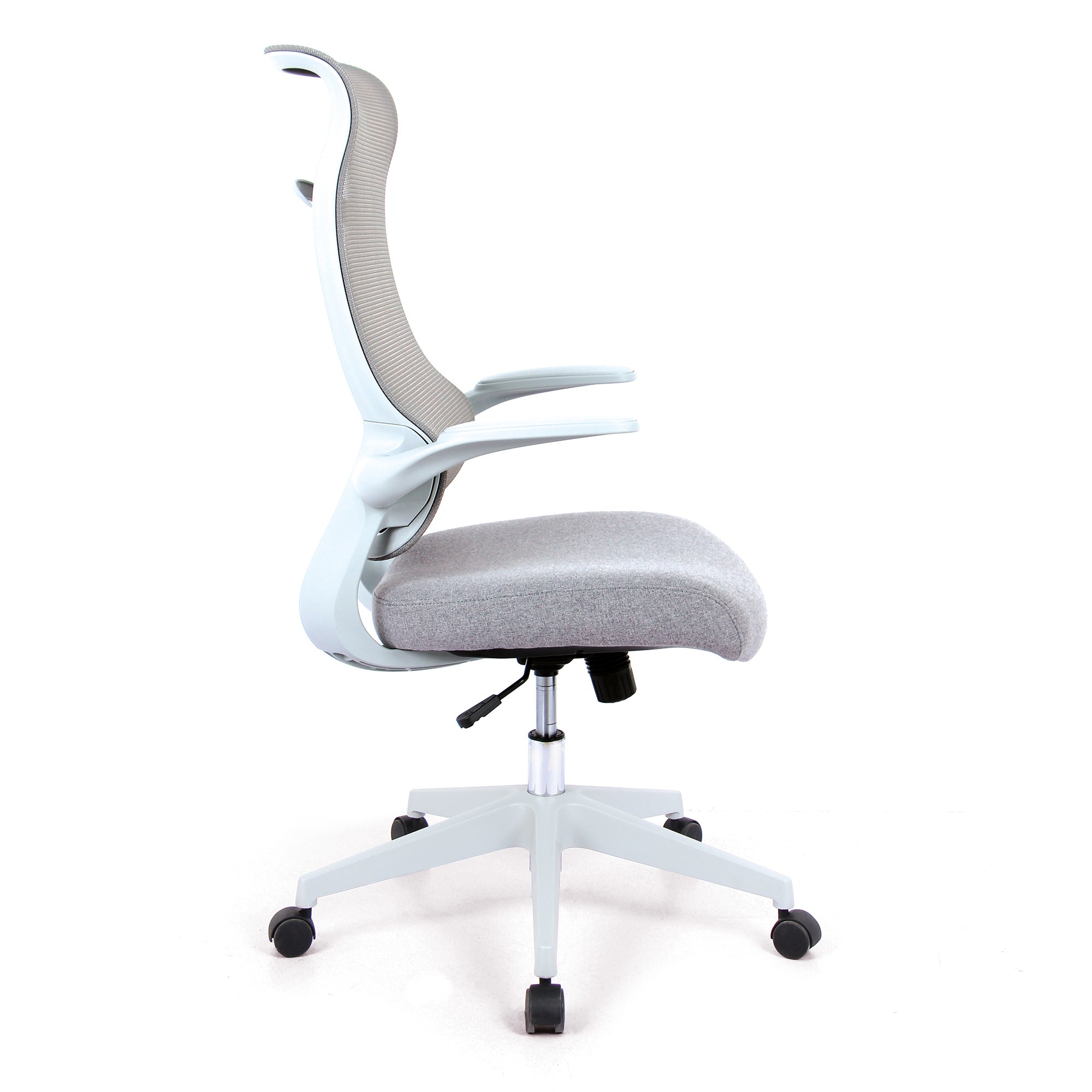 Romsey – High Back Designer Mesh Back Chair with Fabric Seat, White Frame, White Base and Folding Arms