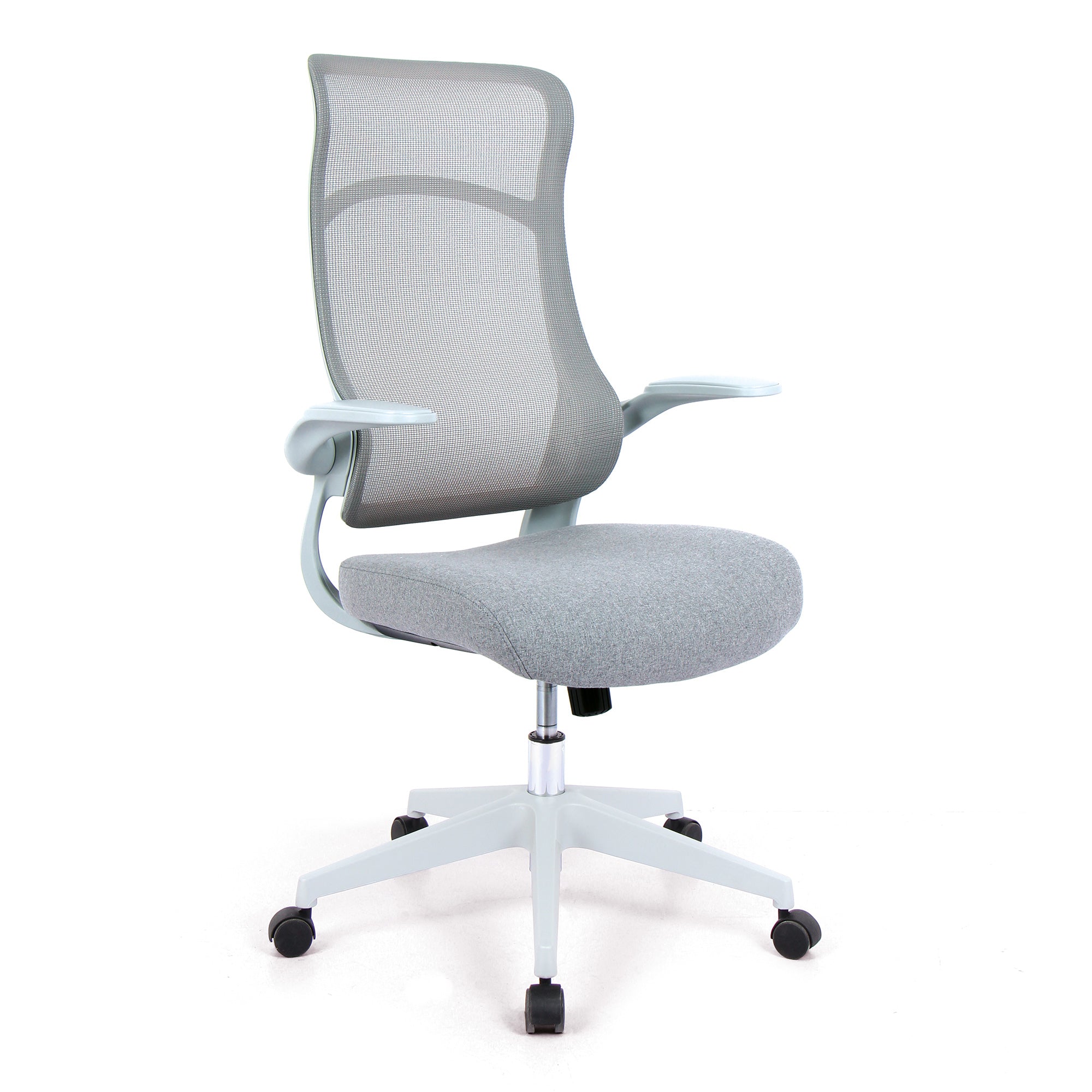 Romsey – High Back Designer Mesh Back Chair with Fabric Seat, White Frame, White Base and Folding Arms