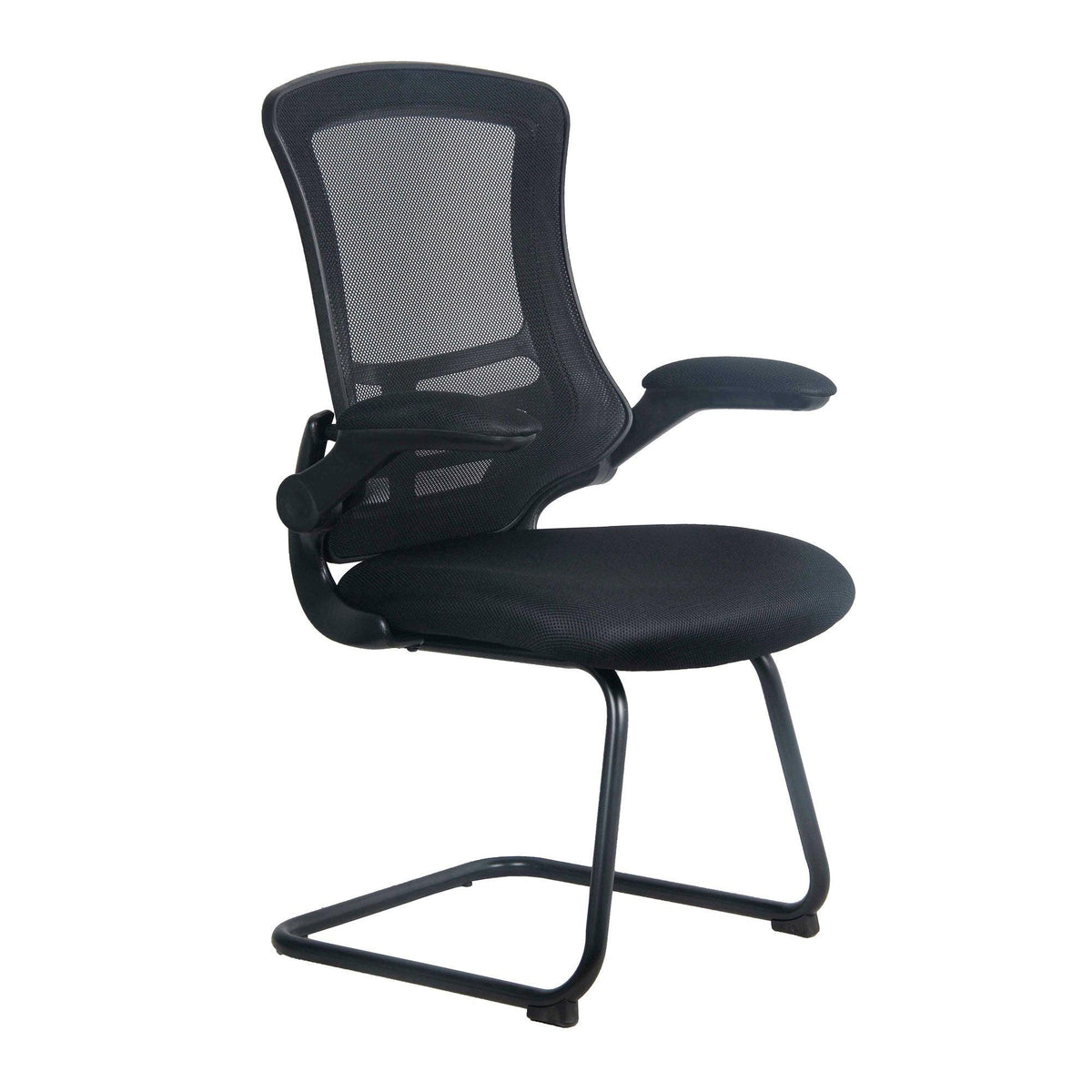 Luna - Designer Medium Back Mesh Cantilever Chair with Black Shell, Black Frame and Folding Arms