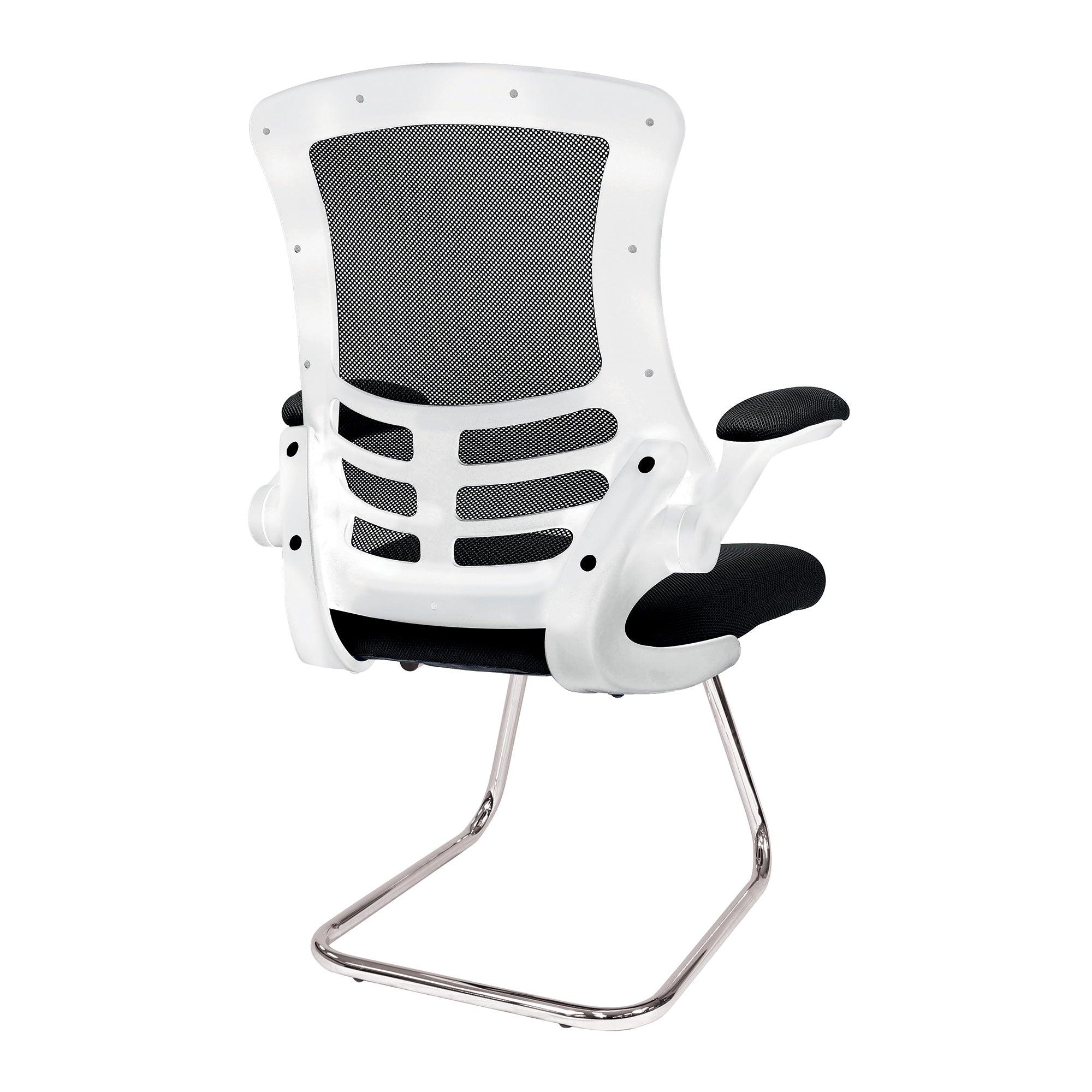 Luna - Designer Medium Back Mesh Cantilever Chair with White Shell, Chrome Frame and Folding Arms