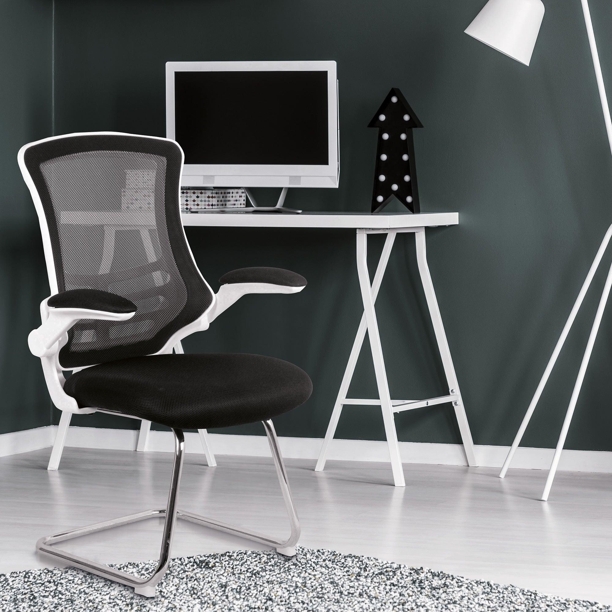 Luna - Designer Medium Back Mesh Cantilever Chair with White Shell, Chrome Frame and Folding Arms