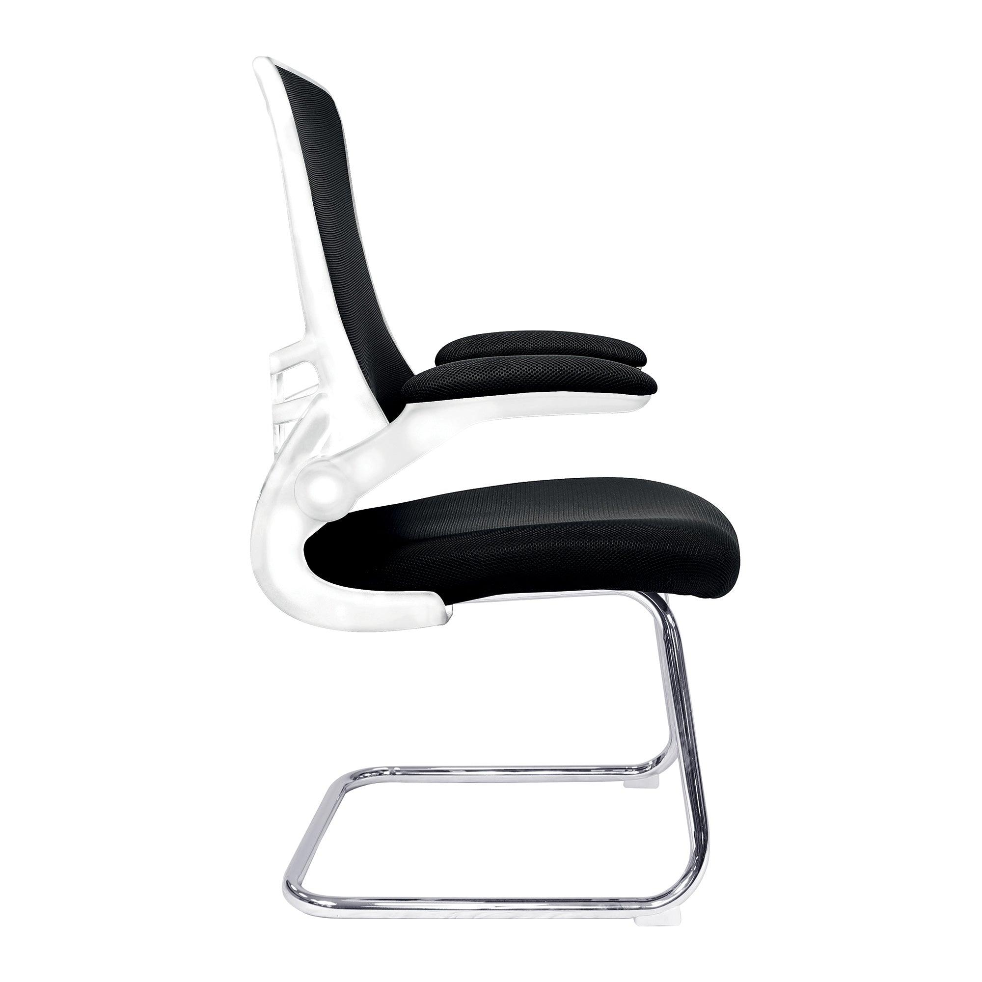 Luna - Designer Medium Back Mesh Cantilever Chair with White Shell, Chrome Frame and Folding Arms