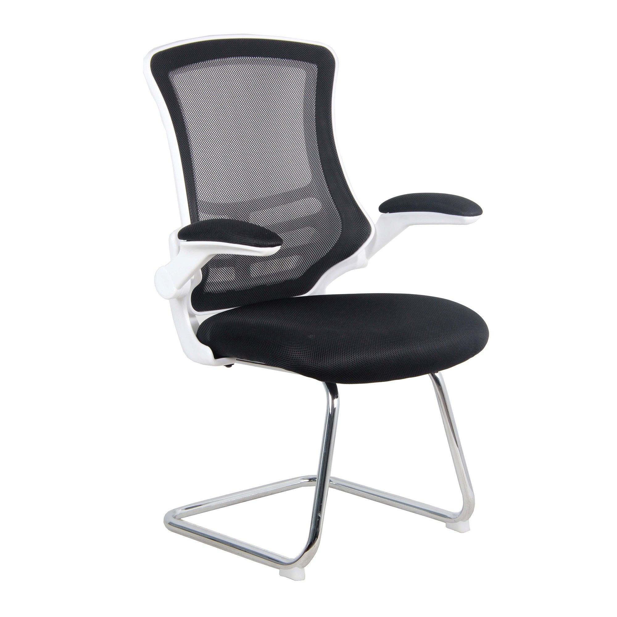 Luna - Designer Medium Back Mesh Cantilever Chair with White Shell, Chrome Frame and Folding Arms