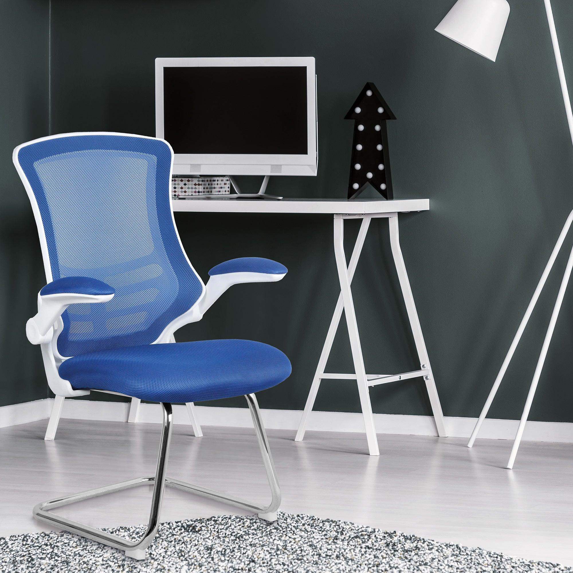 Luna - Designer Medium Back Mesh Cantilever Chair with White Shell, Chrome Frame and Folding Arms