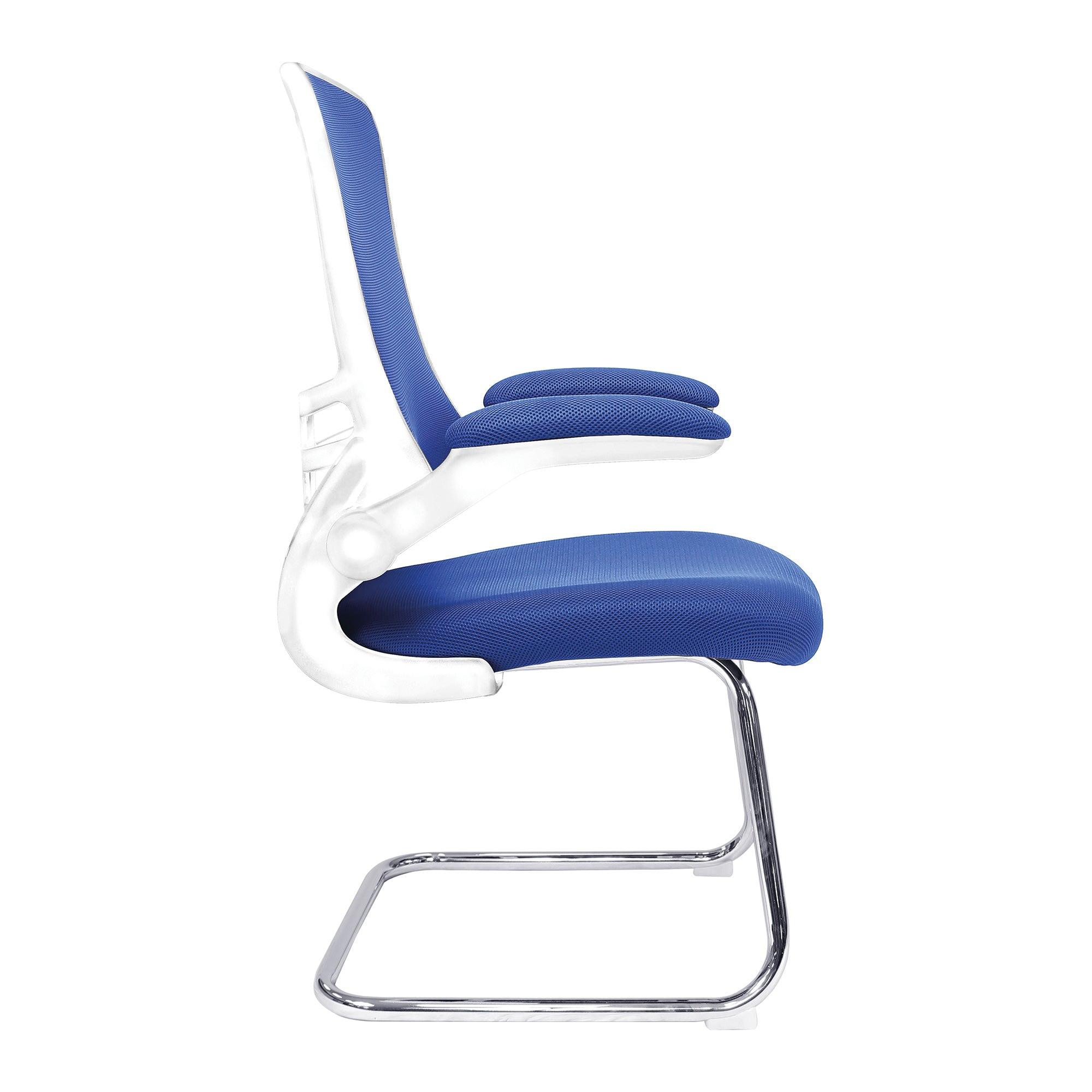 Luna - Designer Medium Back Mesh Cantilever Chair with White Shell, Chrome Frame and Folding Arms