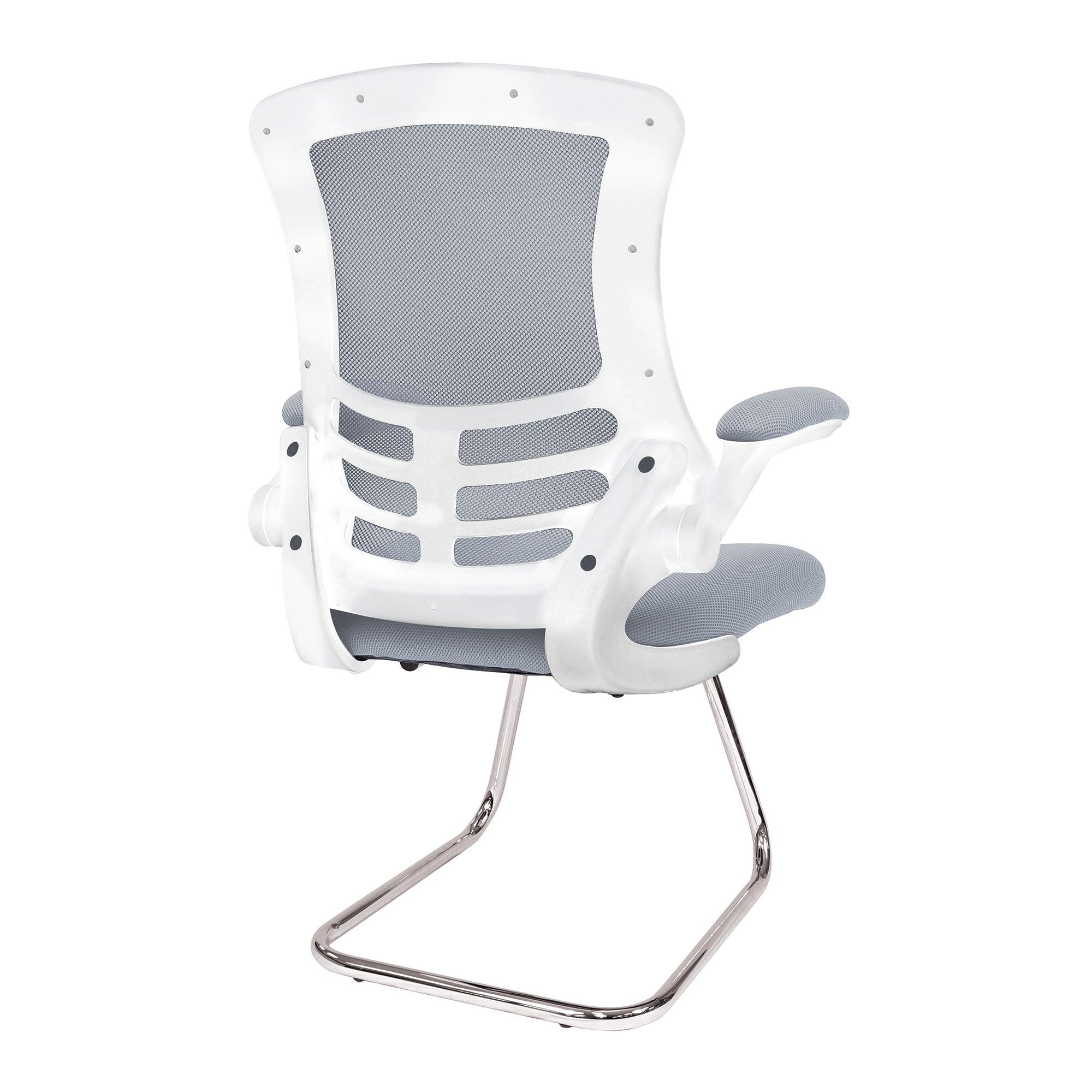 Luna - Designer Medium Back Mesh Cantilever Chair with White Shell, Chrome Frame and Folding Arms