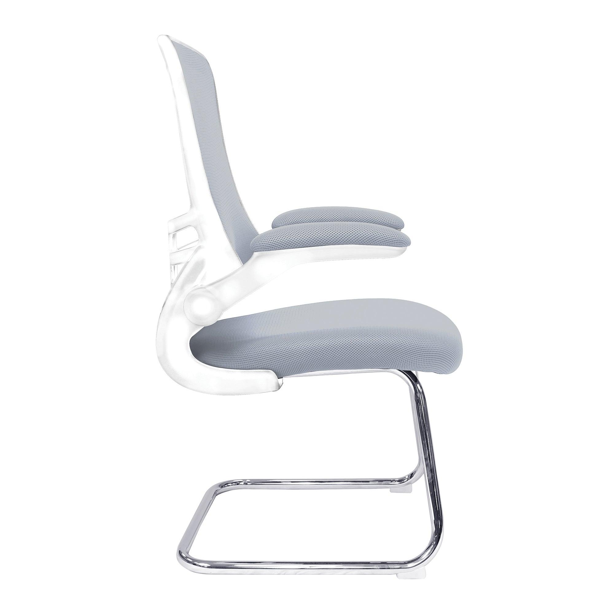 Luna - Designer Medium Back Mesh Cantilever Chair with White Shell, Chrome Frame and Folding Arms