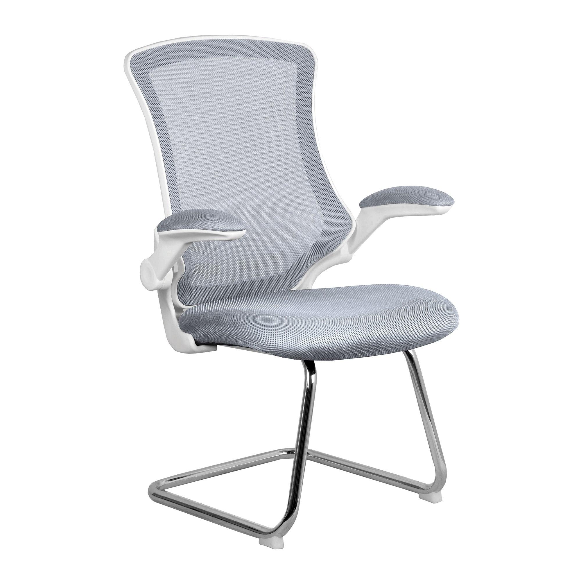 Luna - Designer Medium Back Mesh Cantilever Chair with White Shell, Chrome Frame and Folding Arms