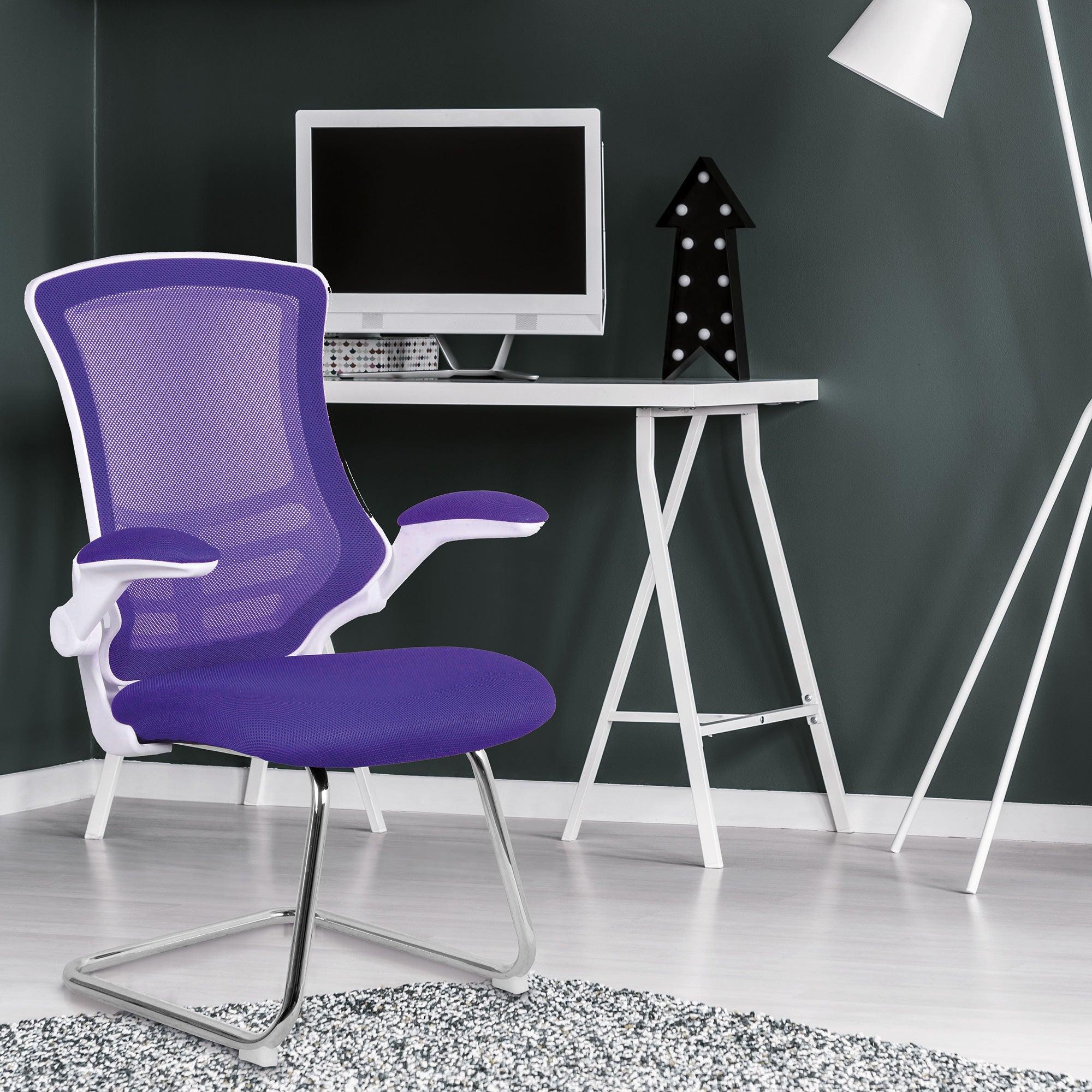 Luna - Designer Medium Back Mesh Cantilever Chair with White Shell, Chrome Frame and Folding Arms