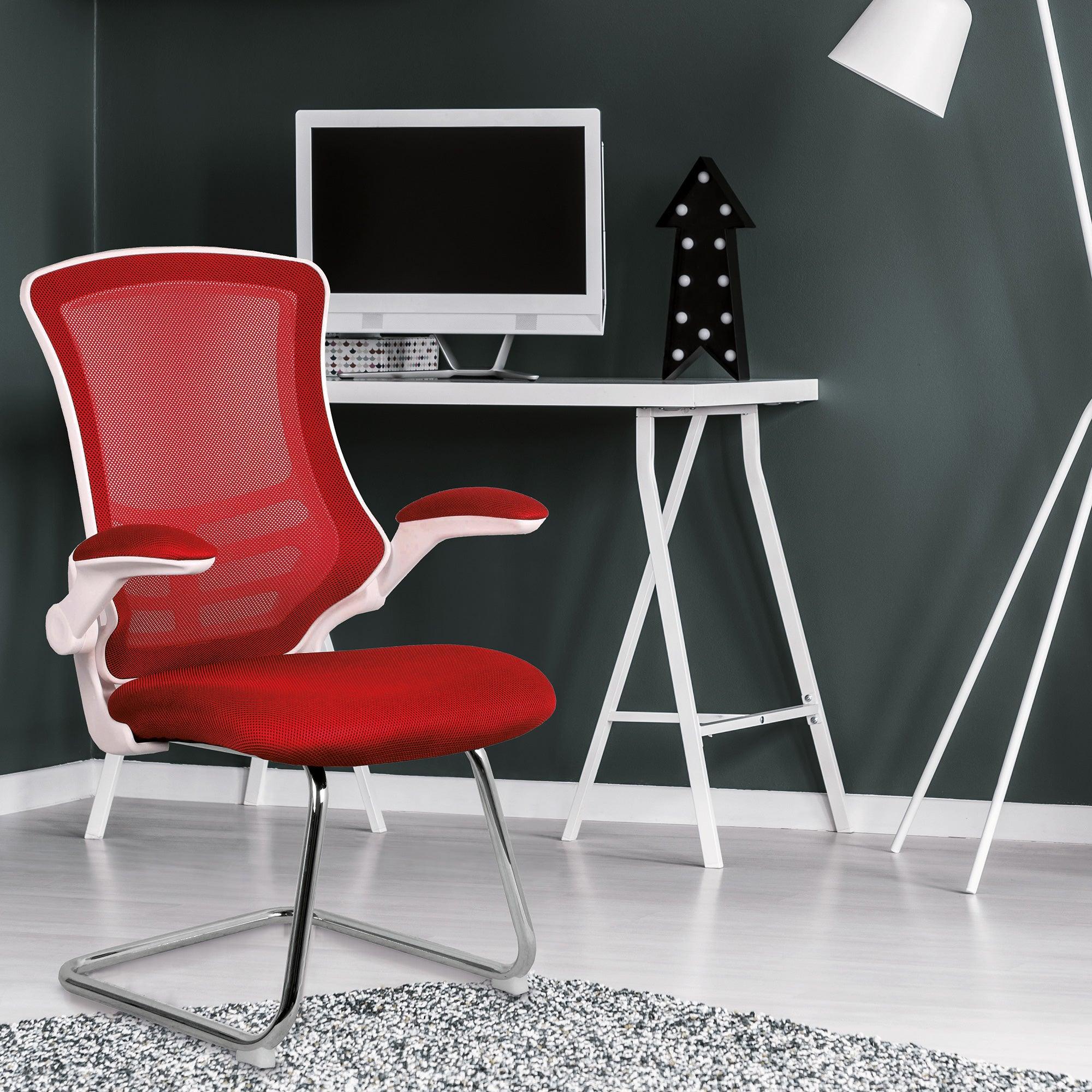 Luna - Designer Medium Back Mesh Cantilever Chair with White Shell, Chrome Frame and Folding Arms