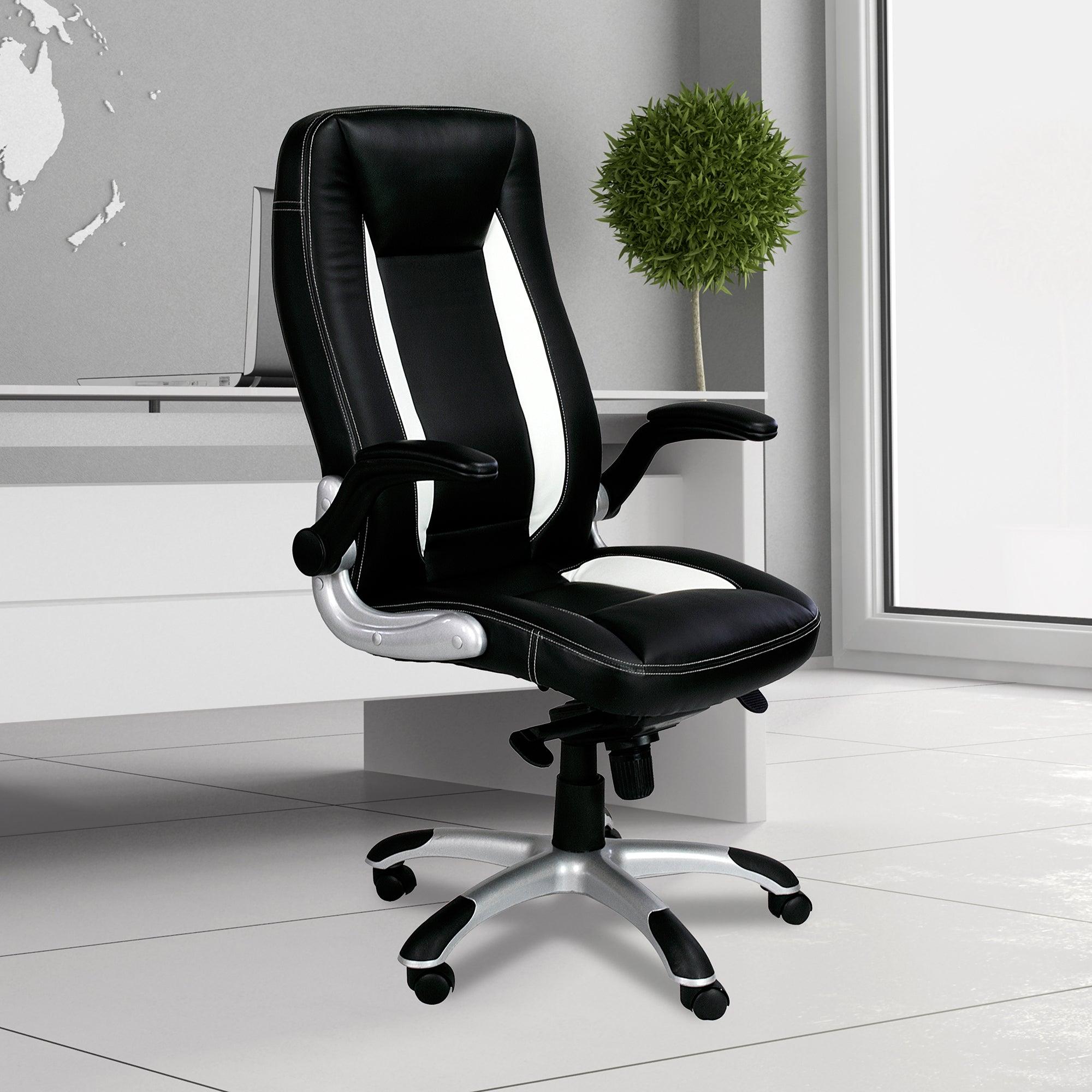 Friesian – High Back Executive Chair with Folding Arms and Satin Chrome Base – Black and White