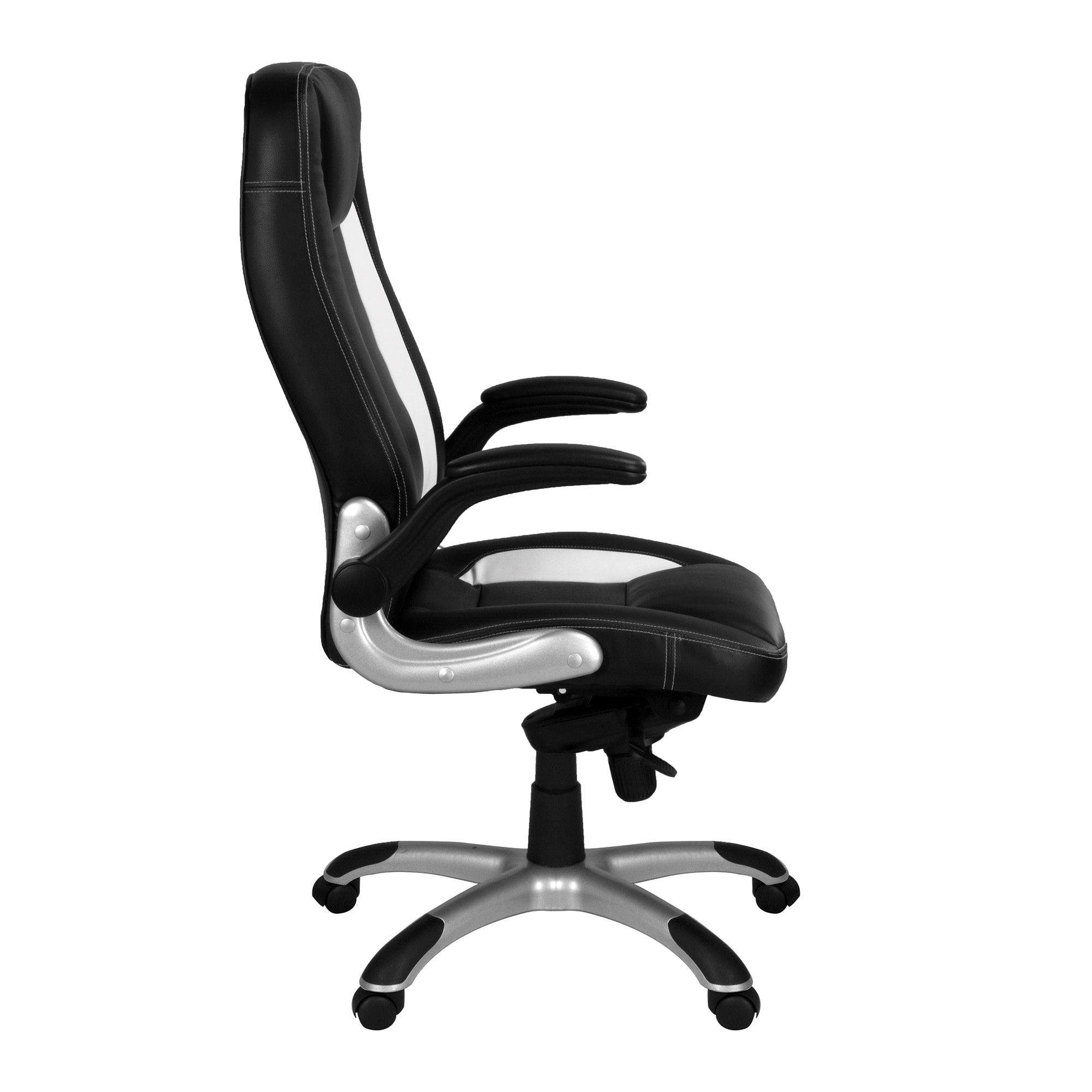 Friesian – High Back Executive Chair with Folding Arms and Satin Chrome Base – Black and White