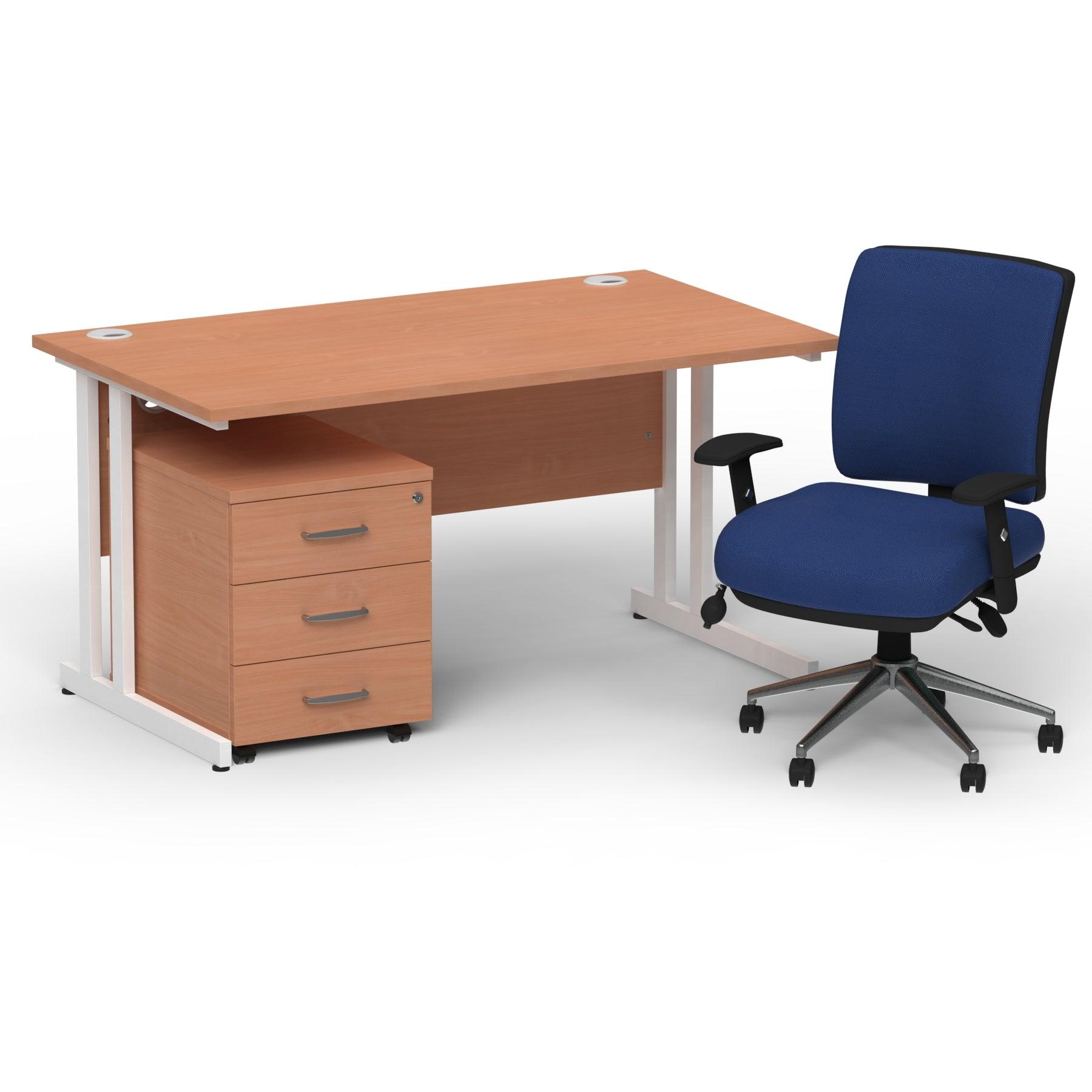 Impulse 1400mm Cantilever Straight Desk With Mobile Pedestal and Chiro Medium Back Blue Operator Chair