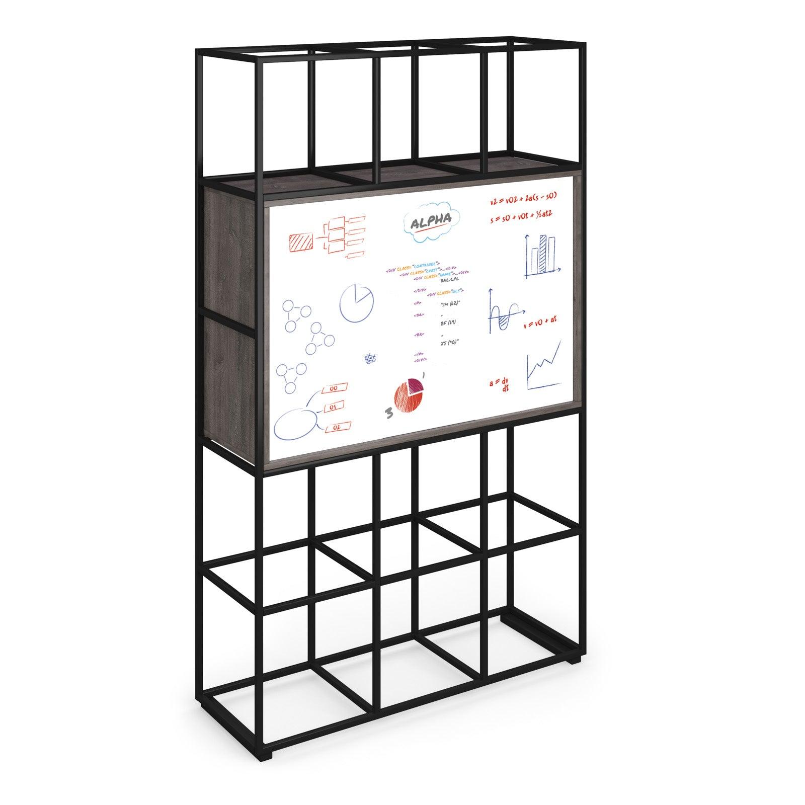 Flux modular storage triple frame with media unit in grey oak with TV bracket and whiteboard on reverse